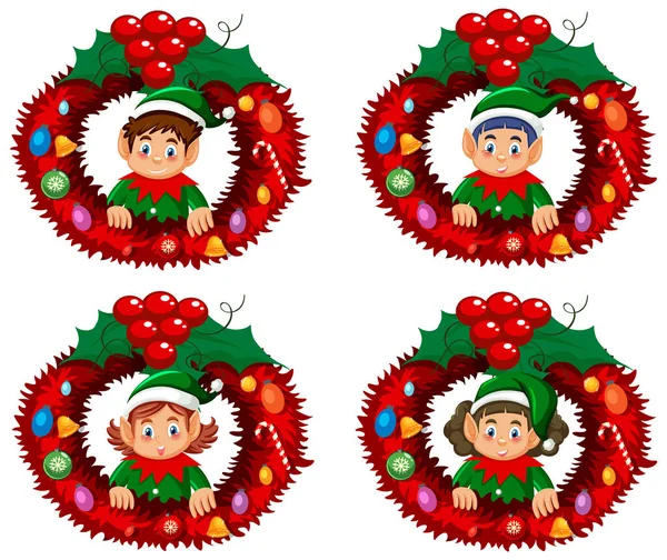 Elf Christmas Wreath Set Illustration — Stock Vector