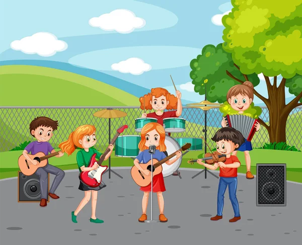 Děti Hrající Hudební Nástroj Parku Ilustrace — Stockový vektor
