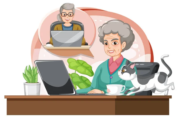 Ηλικιωμένη Γυναίκα Που Χρησιμοποιεί Φορητό Υπολογιστή Στην Απεικόνιση Γραφείο — Διανυσματικό Αρχείο