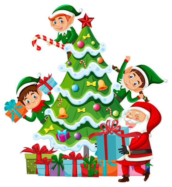 多くのエルフのイラストとクリスマスツリー — ストックベクタ