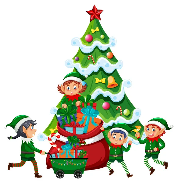 Χριστουγεννιάτικο Δέντρο Πολλά Ξωτικά Εικονογράφηση — Διανυσματικό Αρχείο