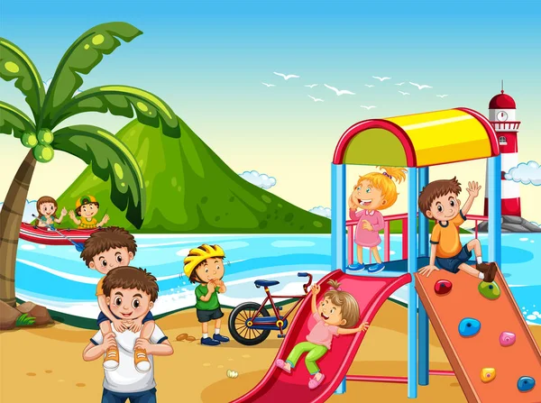 Παιδική Χαρά Παραλία Ευτυχισμένη Απεικόνιση Των Παιδιών — Διανυσματικό Αρχείο