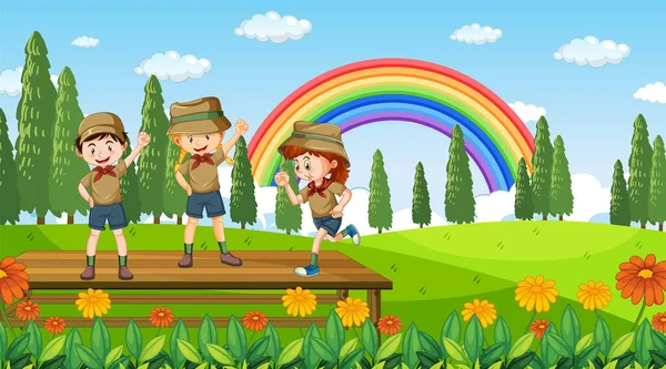Enfants Scouts Randonnée Dans Forêt Illustration — Image vectorielle