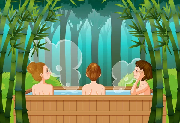Femmes Dans Bain Thermal Dans Forêt Bambous Illustration — Image vectorielle