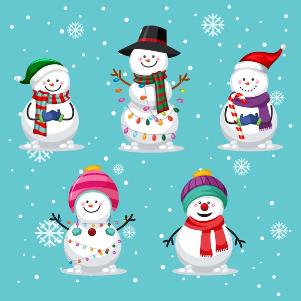 クリスマスのテーマのイラストで異なる雪だるまのセット — ストックベクタ
