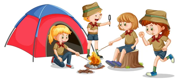 Camping Bambini Stile Cartone Animato Illustrazione — Vettoriale Stock