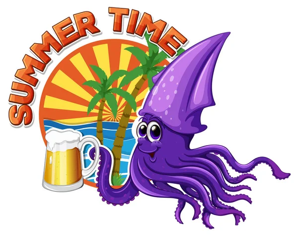 Summer Time Word Squid Cartoon Illustration — Archivo Imágenes Vectoriales
