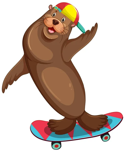 Cute Sea Lion Play Skateboard White Background Illustration — Stock Vector