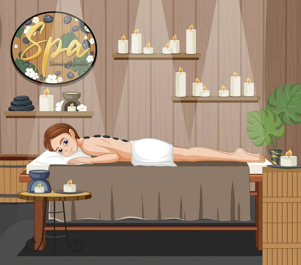 Donna Ottiene Massaggio Pietra Scena Spa Illustrazione — Vettoriale Stock