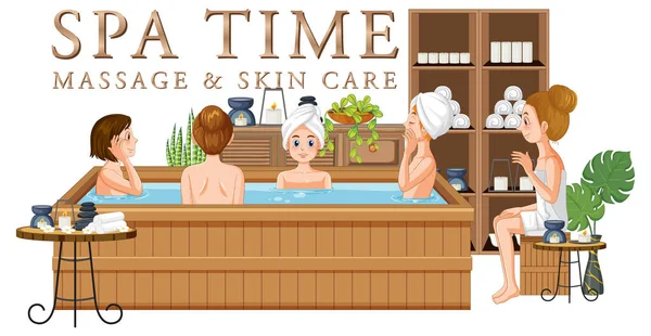 Tiempo Spa Texto Con Las Mujeres Bañera Ilustración — Vector de stock