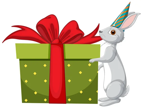 Cute Grey Rabbit Cartoon Character Bit Gift Box Illustration — Stock Vector
