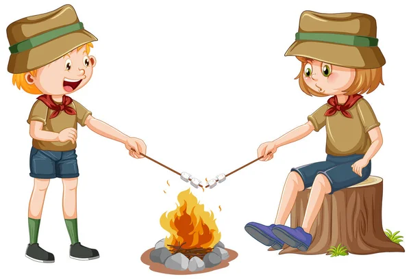 キャンプの子供たちはマシュマロイラストを焙煎 — ストックベクタ