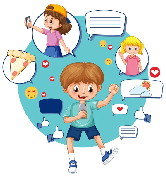 Crianças Conectando Ilustração Mídia Social —  Vetores de Stock