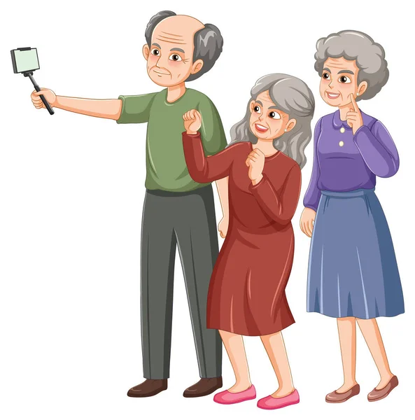 Group Elderly People Taking Selfie Illustration — Stock Vector