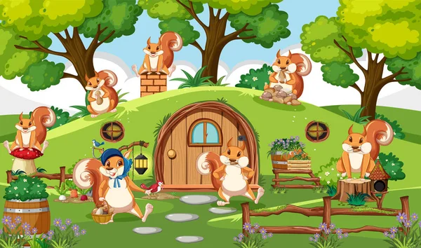 Eichhörnchenfamilie Mit Hobbit Haus Illustration — Stockvektor