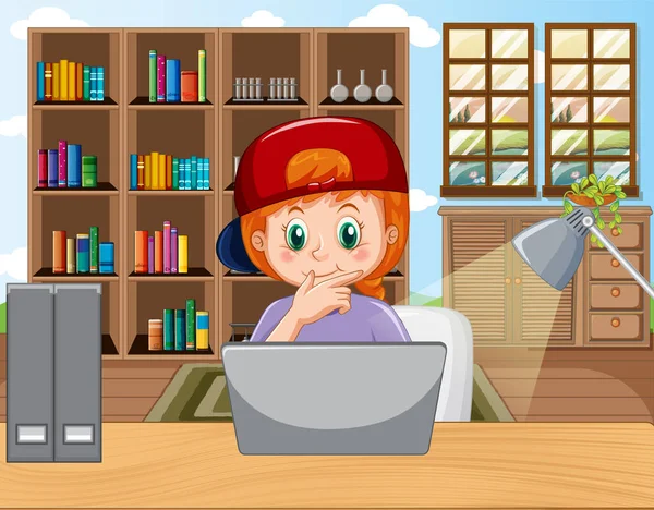 Ένα Κορίτσι Που Σπουδάζει Online Στο Σπίτι Εικονογράφηση — Διανυσματικό Αρχείο