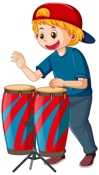 コンガ太鼓楽器イラストを演奏する少年 — ストックベクタ