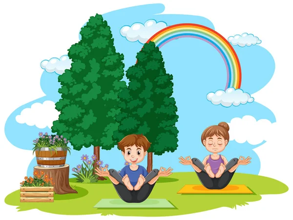 Couple Practicing Yoga Park Illustration — Stock Vector