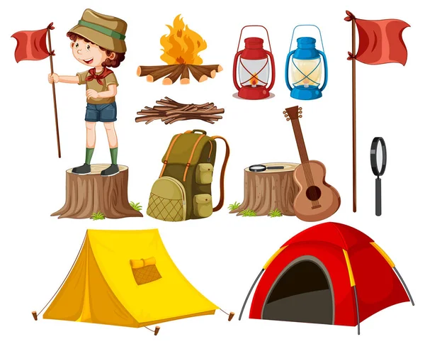 Set Different Scout Kids Camping Elements Illustration — Stock Vector