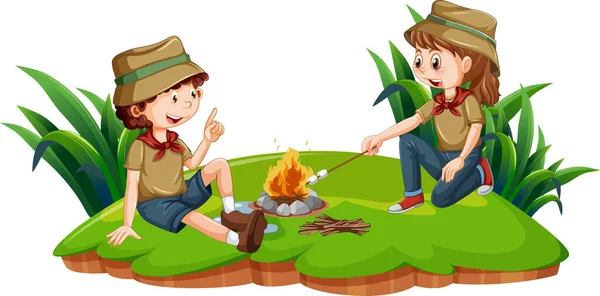 Twee Camping Kinderen Roosteren Marshmallows Illustratie — Stockvector
