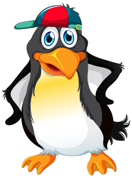 Lindo Personaje Dibujos Animados Pingüino Con Gorra Ilustración Fondo Blanco — Vector de stock