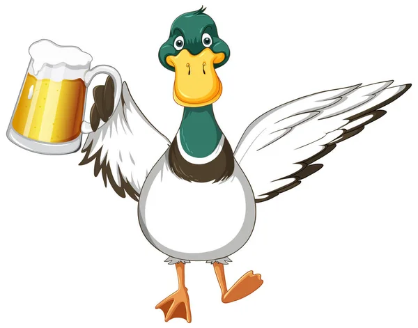 Cute Duck Cartoon Character Holding Mug Beer Illustration — Stock vektor