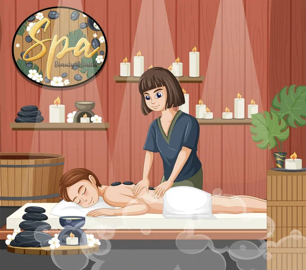 Femme Obtient Pierre Massage Dans Spa Scène Illustration — Image vectorielle