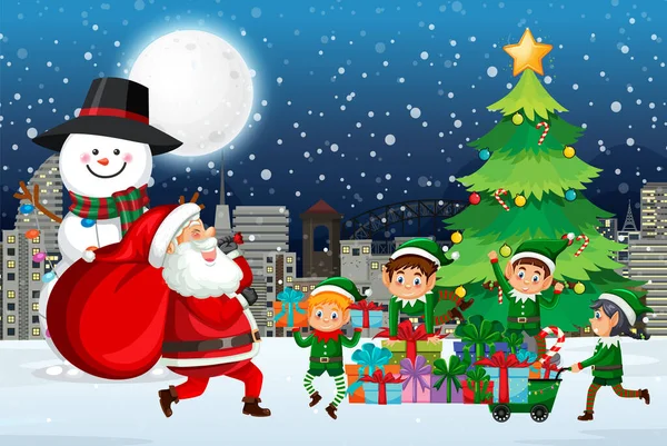圣诞之夜与圣诞老人和精灵的插图 — 图库矢量图片