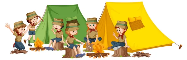 Campeggio All Aperto Con Illustrazione Bambini Scout — Vettoriale Stock