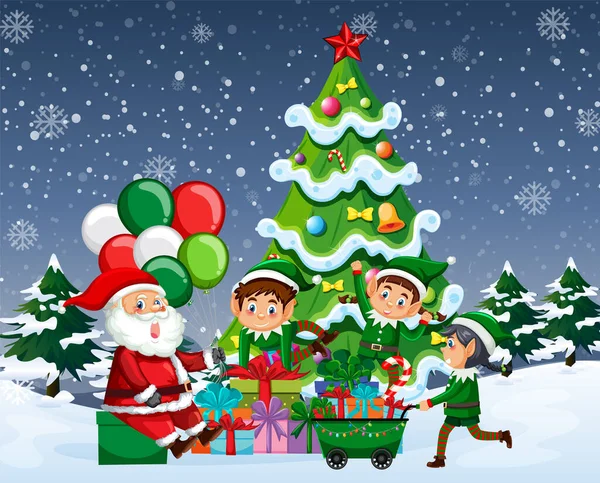サンタクロースとエルフのイラストとクリスマスの夜 — ストックベクタ