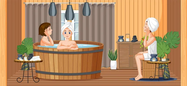 Girls Enjoying Hot Tub Steam Room Illustration — Stock Vector