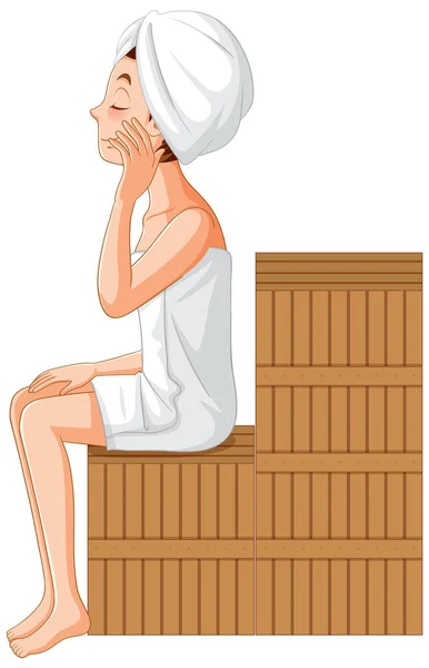 Eine Frau Sitzt Auf Einer Holzbank Der Sauna — Stockvektor