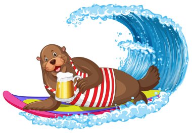 Sörf tahtasında su dalgası çizimi olan deniz aslanı.