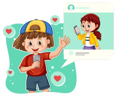 Telefon illüstrasyonunu kullanarak sosyal medyada gezinen kız