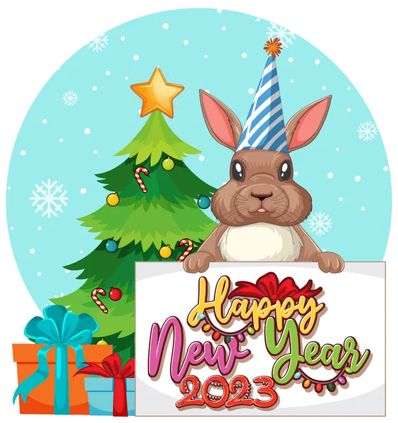 Frohes Neues Jahr Text Mit Niedlichen Kaninchen Für Banner Design — Stockvektor