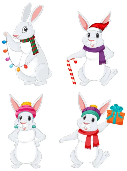Set Rabbits Christmas Theme Illustration — Stock Vector