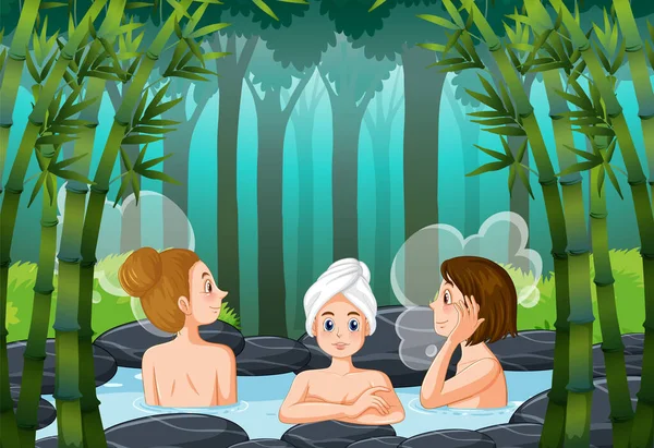 Γυναίκες Θερμικό Λουτρό Μπαμπού Δάσος Εικονογράφηση — Διανυσματικό Αρχείο