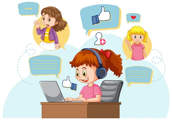 Girl Using Laptop Online Learning Illustration — ストックベクタ