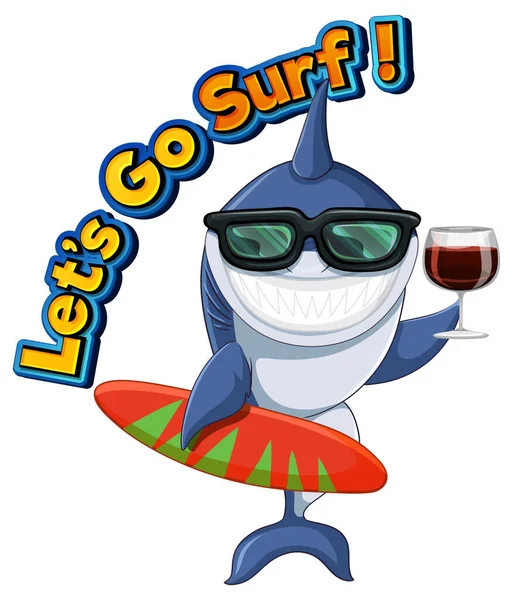 Cute Shark Cartoon Character Surfing Illustration — Archivo Imágenes Vectoriales