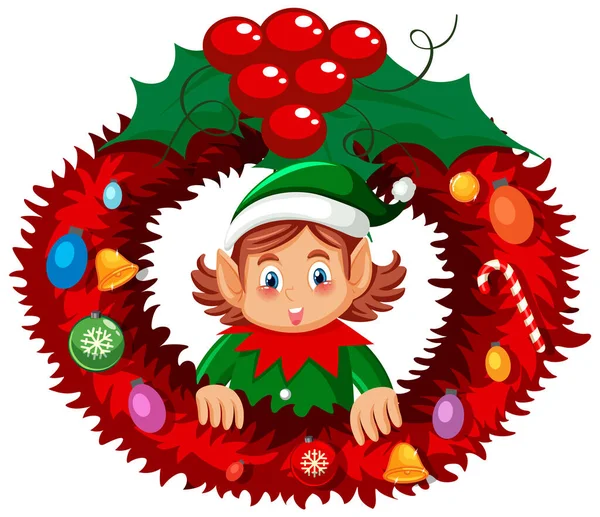 Elfo Ghirlanda Natale Stile Cartone Animato Illustrazione — Vettoriale Stock