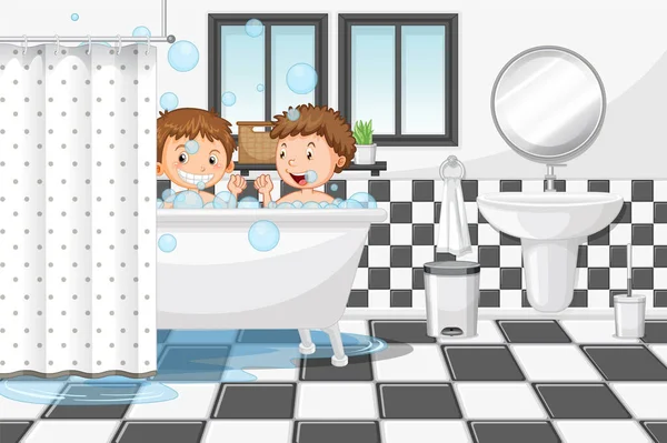 Happy Kids Playing Bubbles Bathtub Illustration — Stock Vector