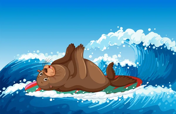 Sea Lion Surfboard Ocean Illustration — Stock vektor