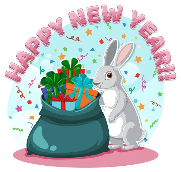 Happy New Year Text Cute Rabbit Banner Design Illustration — Stock Vector