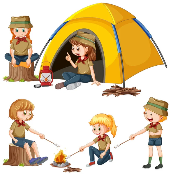 Ensemble Différents Enfants Camping Illustration — Image vectorielle