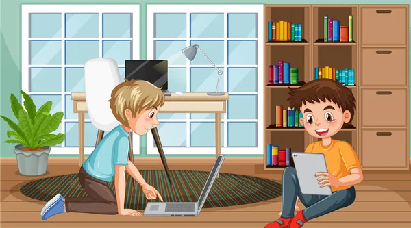 Çocuklar Evde Teknoloji Araçları Kullanıyorlar — Stok Vektör