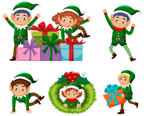 Set Elfi Natale Stile Cartone Animato Illustrazione — Vettoriale Stock
