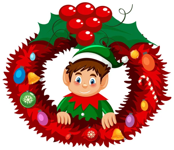 Elf Christmas Wreath Cartoon Style Illustration — Stock Vector