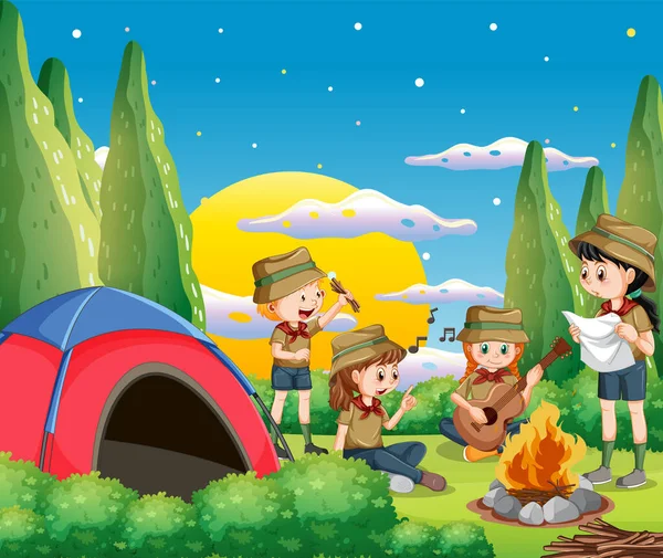 Cena Livre Com Crianças Camping Ilustração —  Vetores de Stock