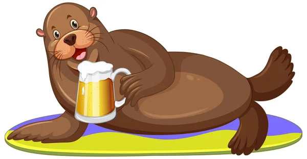 Schattige Zeeleeuw Drinken Bier Surfplank Illustratie — Stockvector