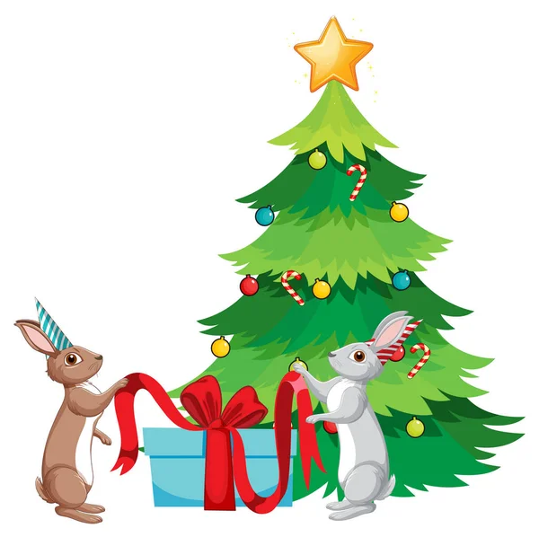 Albero Natale Con Simpatico Coniglio Illustrazione — Vettoriale Stock